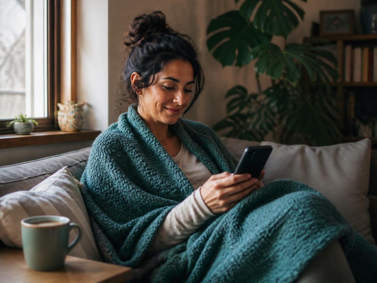 A person at home wrapped in a blanket, calmly using their phone to get care