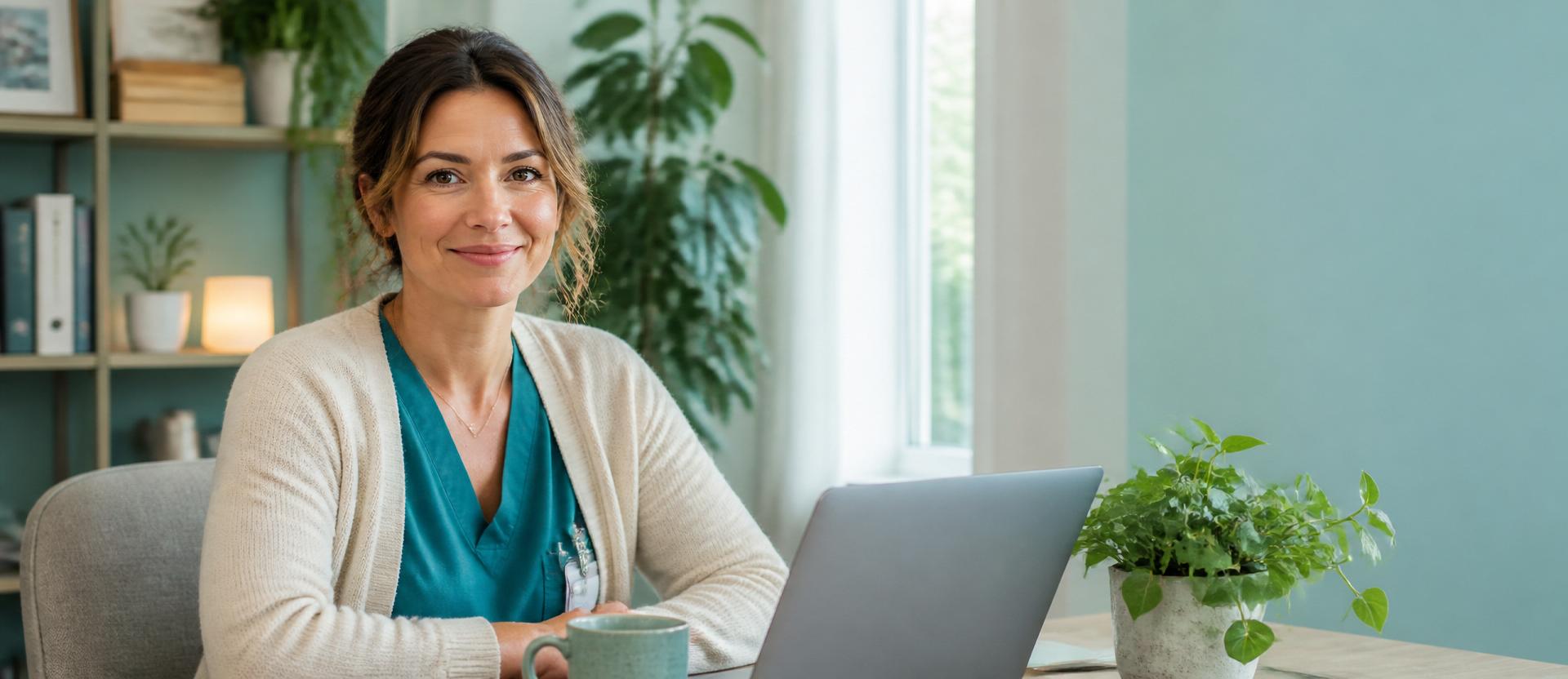 A licensed Utah clinician at her desk during a virtual visit