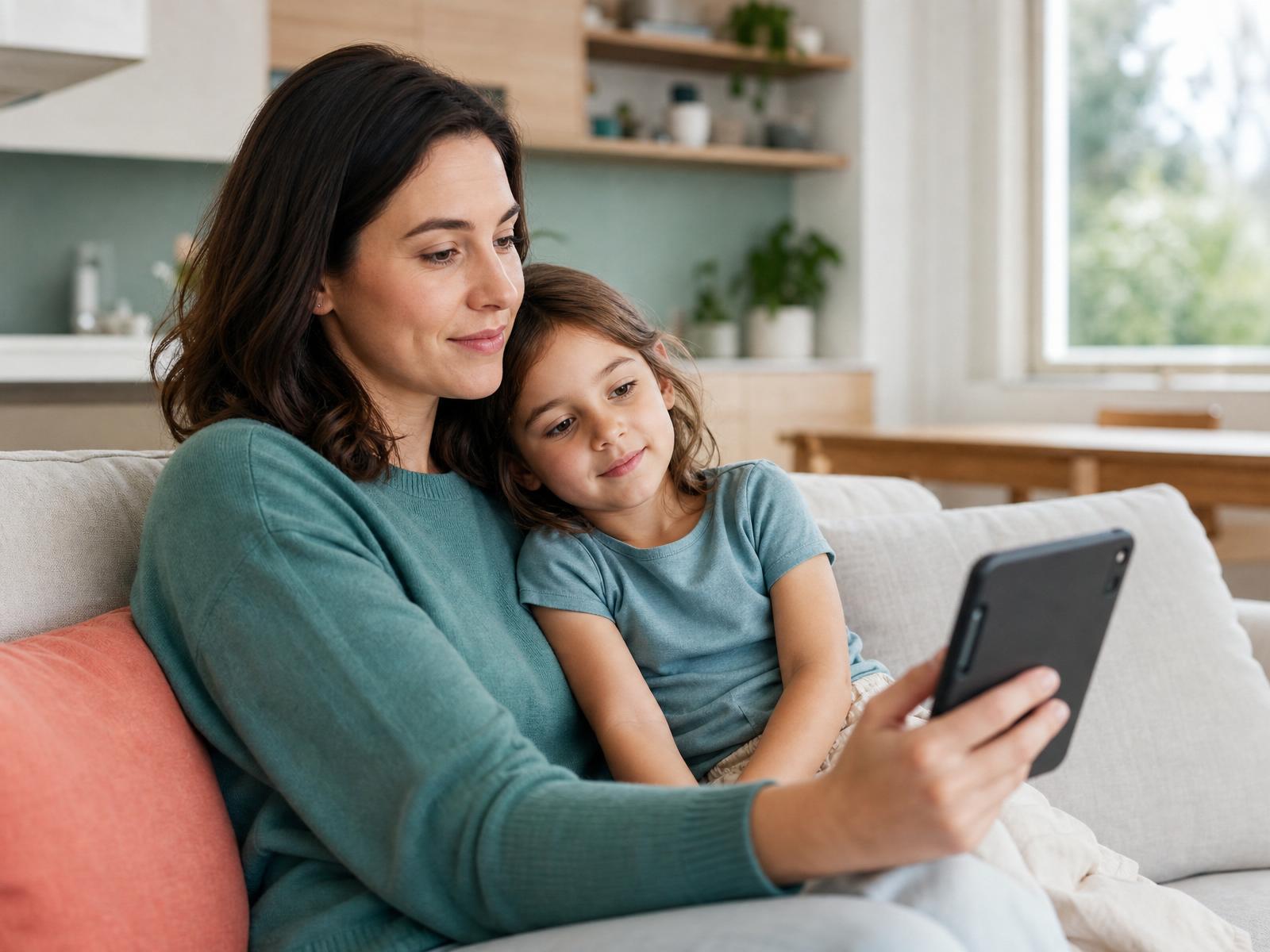 A parent on a video visit with a Shift provider from home, comforting their young child