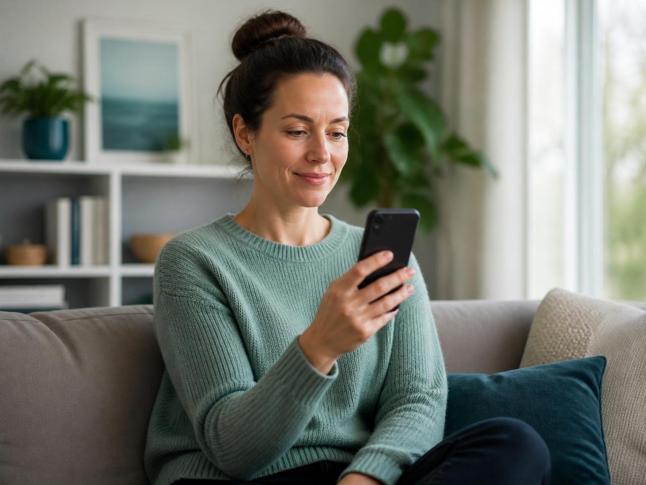 A woman at home starting a virtual urgent care visit on her phone