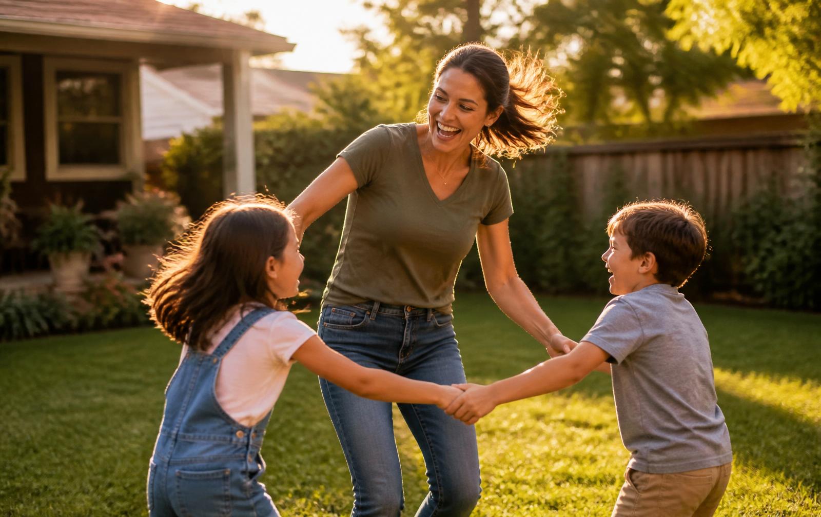 A parent laughing with their kids in a sunlit backyard