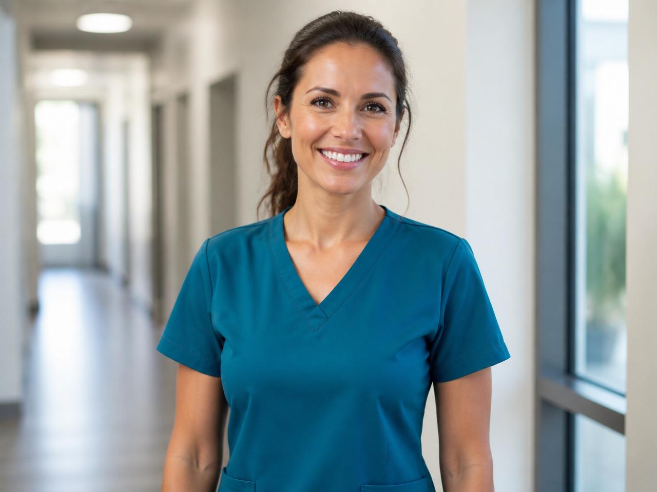 A smiling Utah nurse practitioner in teal scrubs standing in a bright clinic hallway