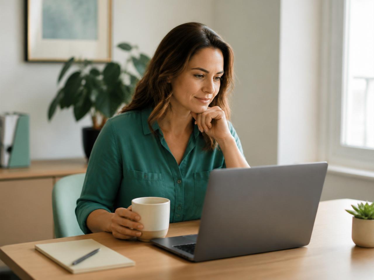 A woman at a home desk reviewing her Shift visit pricing on a laptop
