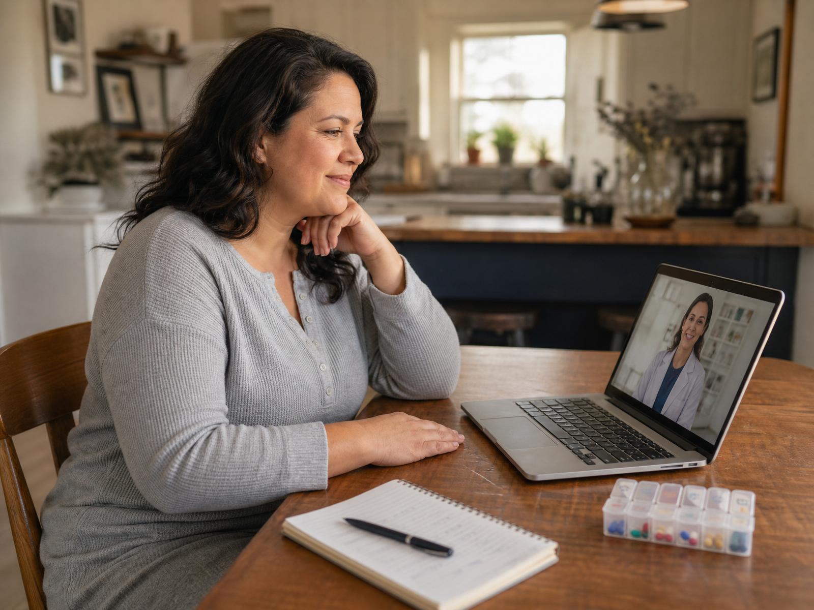 A woman meeting with a Shift clinician over a video visit on her laptop at home, with a care plan notebook and pill organizer on the table