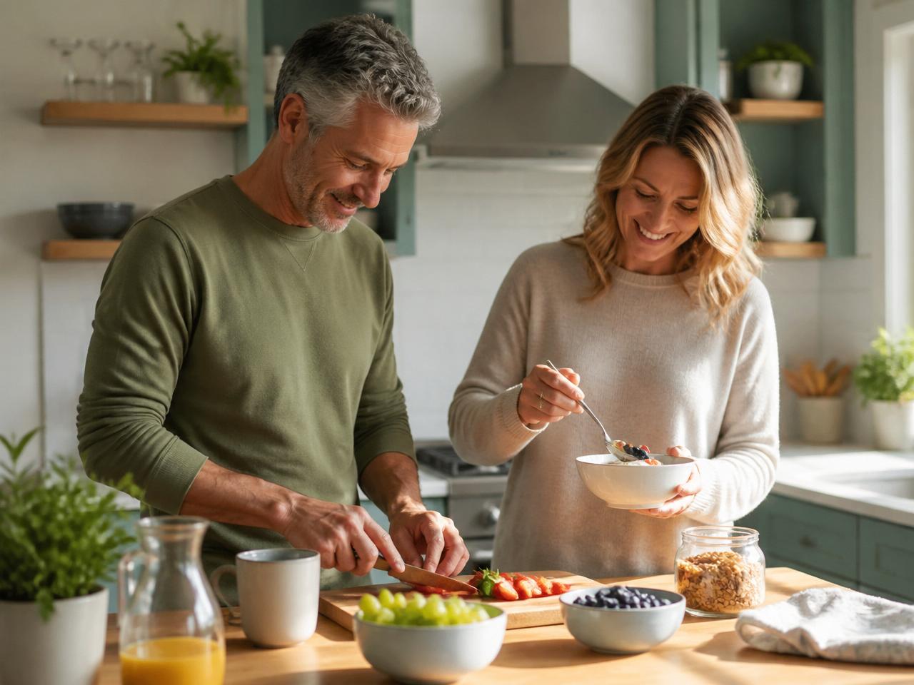 A couple preparing a healthy breakfast together in a sunlit kitchen
