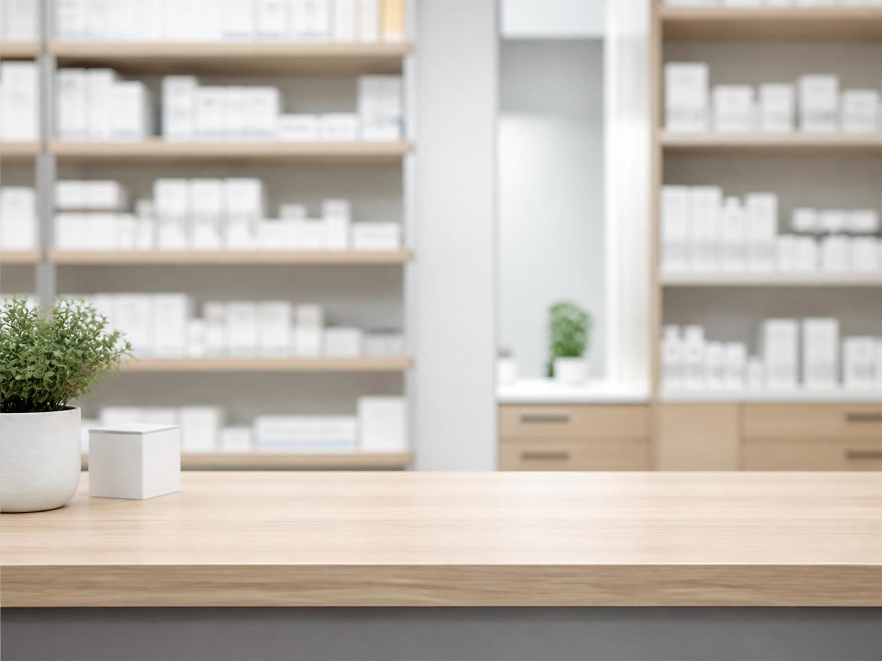 A clean, modern pharmacy counter where prescriptions are prepared
