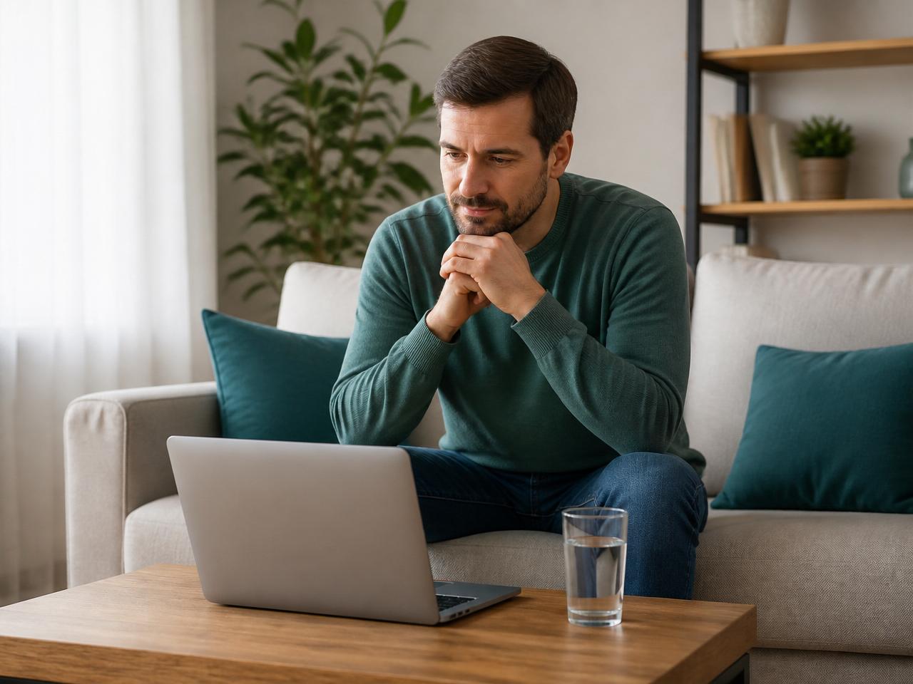 A man at home reading through his weight management plan on a laptop