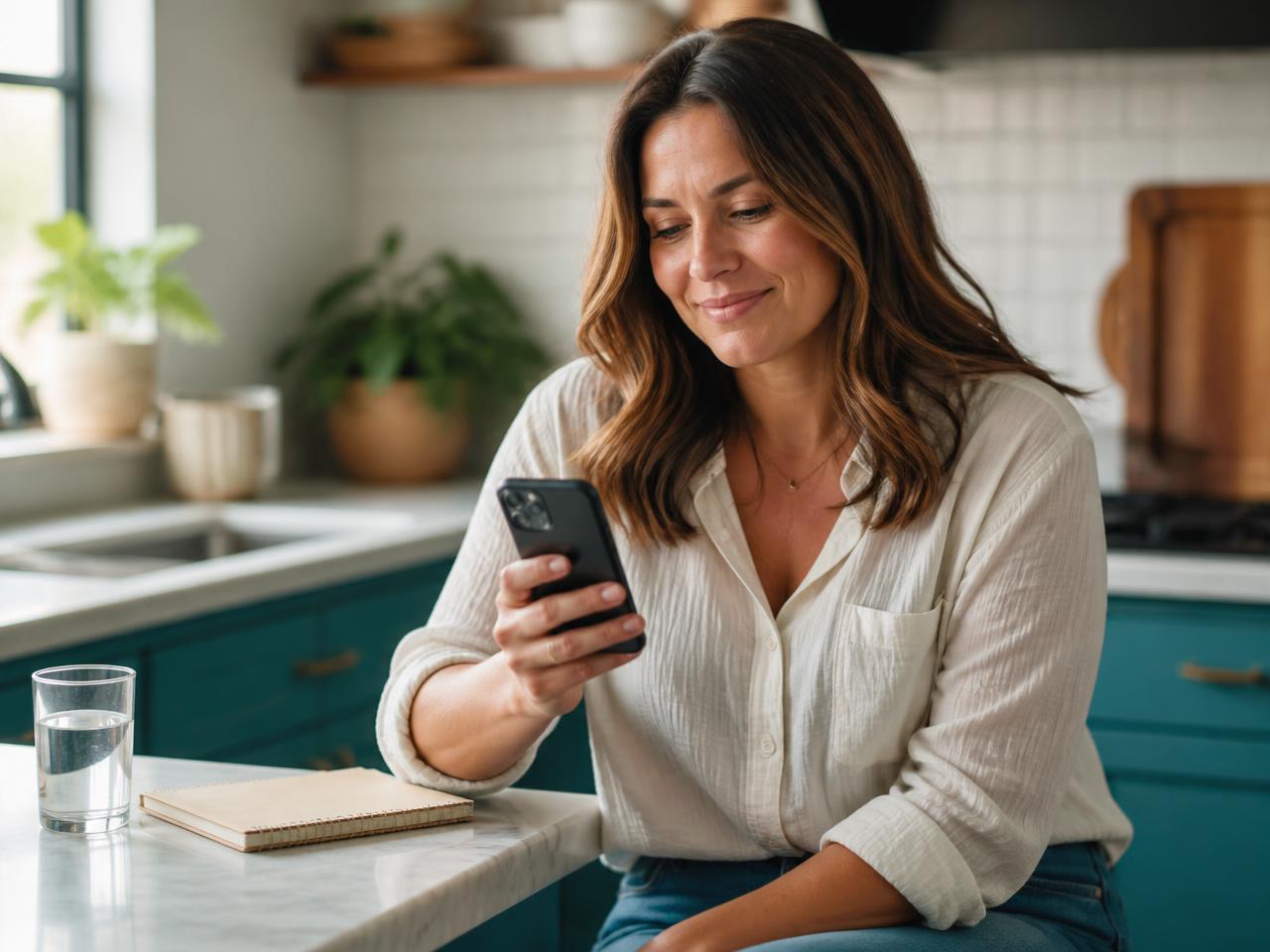 A woman at her kitchen counter reading a message from her Shift care team on her phone