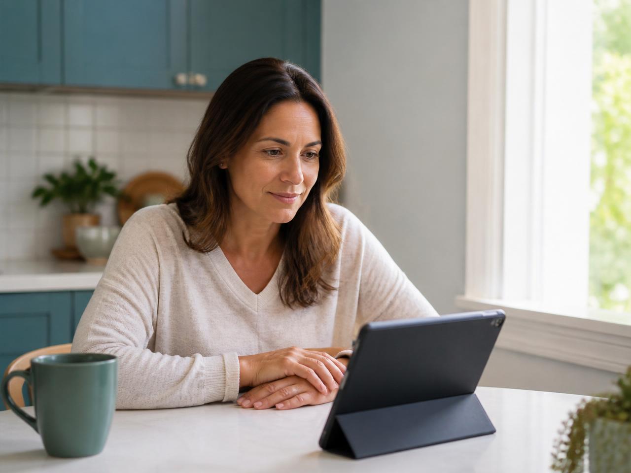 A woman meeting with her Shift clinician over a video visit at home