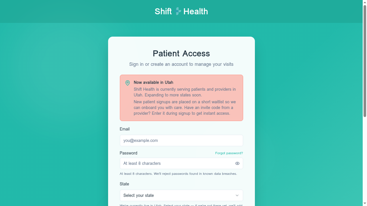 Shift Health public signup page showing email, password, state, and optional invite code fields. No phone number requested.