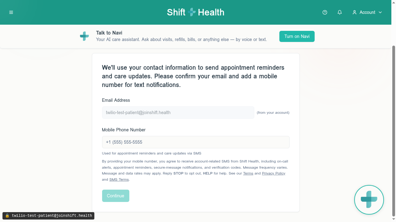 Patient intake mobile phone step. Shows the phone input field, helper text 'Used for appointment reminders and care updates via SMS', and the inline SMS consent disclosure with frequency, msg & data rates, STOP/HELP, and links to Terms, Privacy Policy, and SMS Terms.