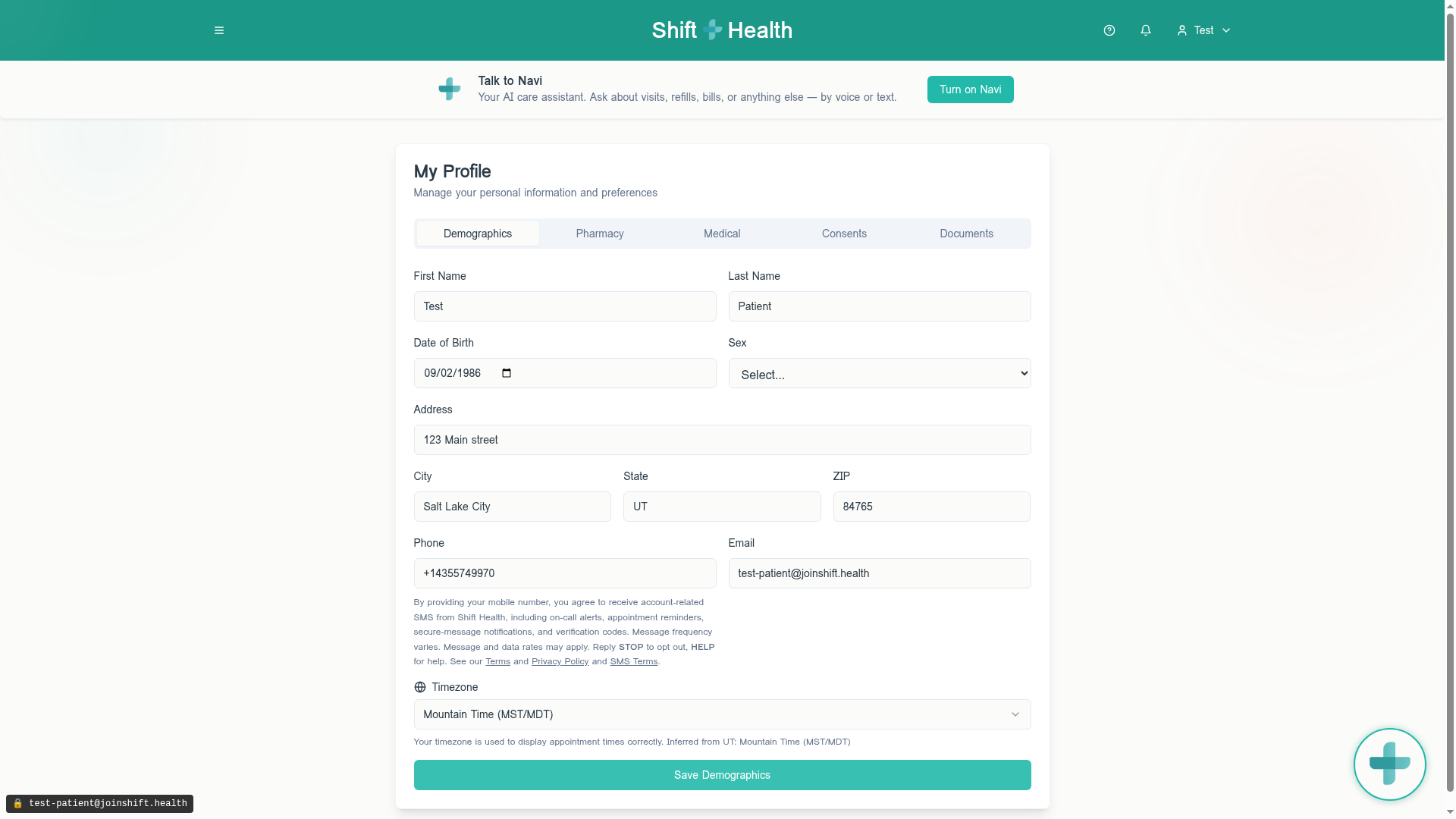 Patient profile Account tab. Shows the editable Phone field with the inline SMS consent disclosure paragraph directly beneath it.