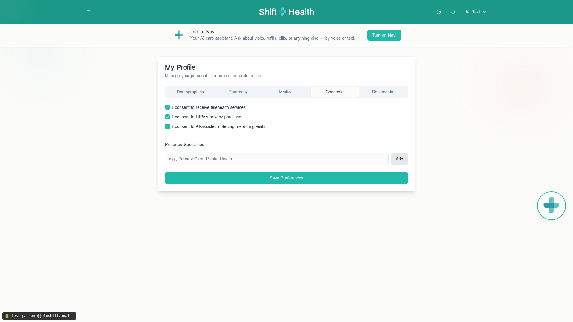 Patient profile Consents tab showing checkboxes for telehealth, HIPAA, and AI-note-capture consents.