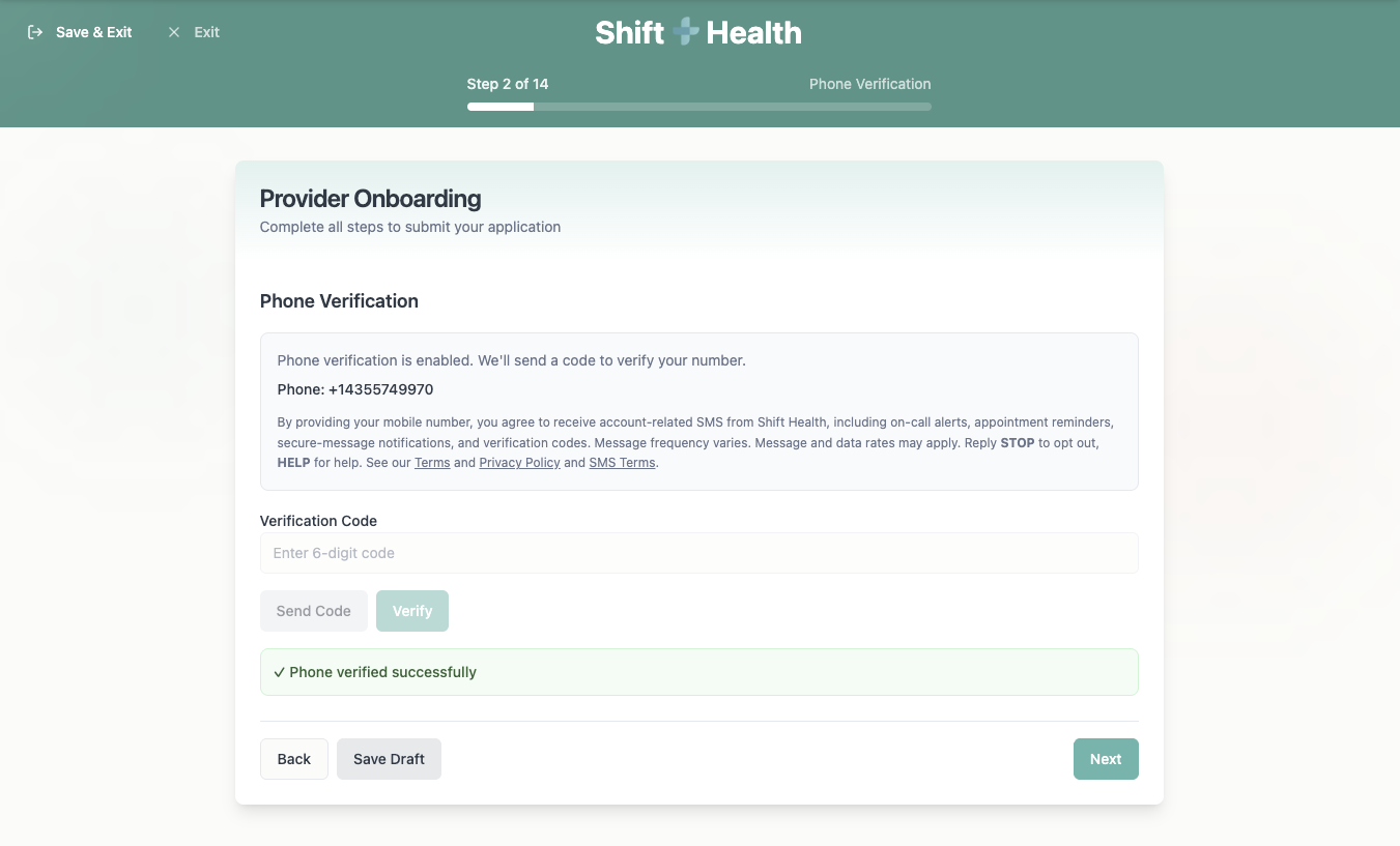 Provider onboarding phone-verify step. Shows the mobile phone input field with a fixed +1 country chip, helper text, and the inline SMS consent disclosure paragraph directly beneath the field, identical to the patient surfaces.